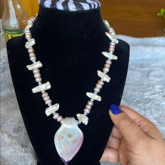 other Jewelry - Pink and Cream Necklace with Iridescent Pendant